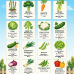 Calendrier des semis pour légumes de potager avec des illustrations colorées.
