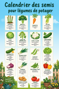 Calendrier des semis pour légumes de potager avec des illustrations colorées.