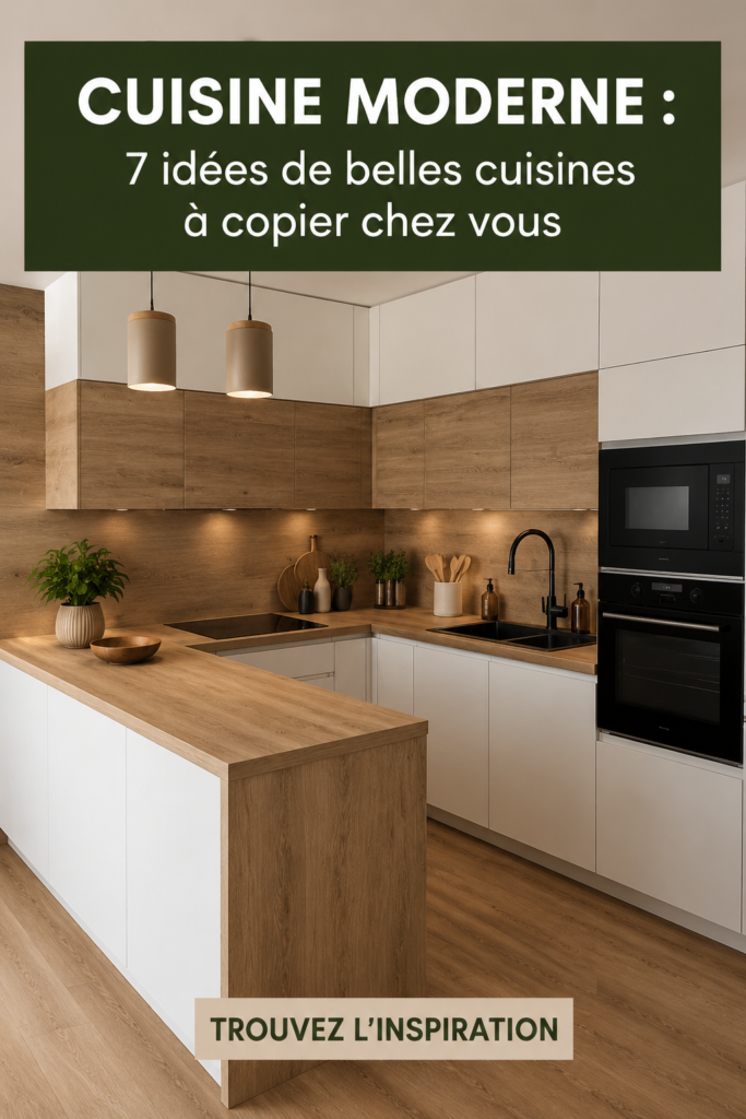 Cuisine moderne avec îlot central en bois et éclairage doux, inspirante pour un intérieur chaleureux.