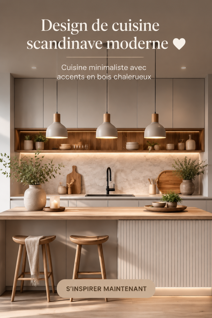 Une cuisine scandinave moderne avec des accents en bois chaleureux et un design minimaliste.
