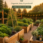 Un potager bien organisé avec des plantes vertes luxuriantes et des bacs de jardin en bois