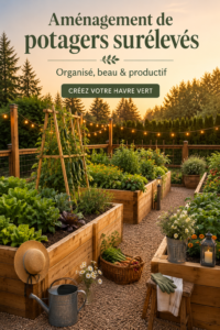 Un potager bien organisé avec des plantes vertes luxuriantes et des bacs de jardin en bois