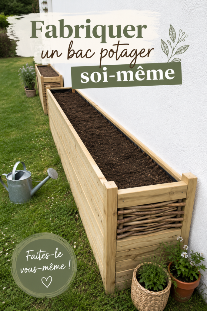 Bac potager en bois rempli de légumes variés dans un jardin