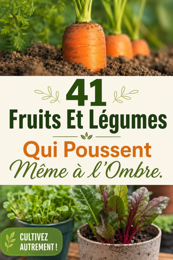 Une vue d'un jardin avec des fruits et légumes cultivés à l'ombre.