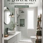 Salle de bain moderne avec combo gris et vert, créant une atmosphère apaisante