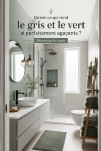 Salle de bain moderne avec combo gris et vert, créant une atmosphère apaisante