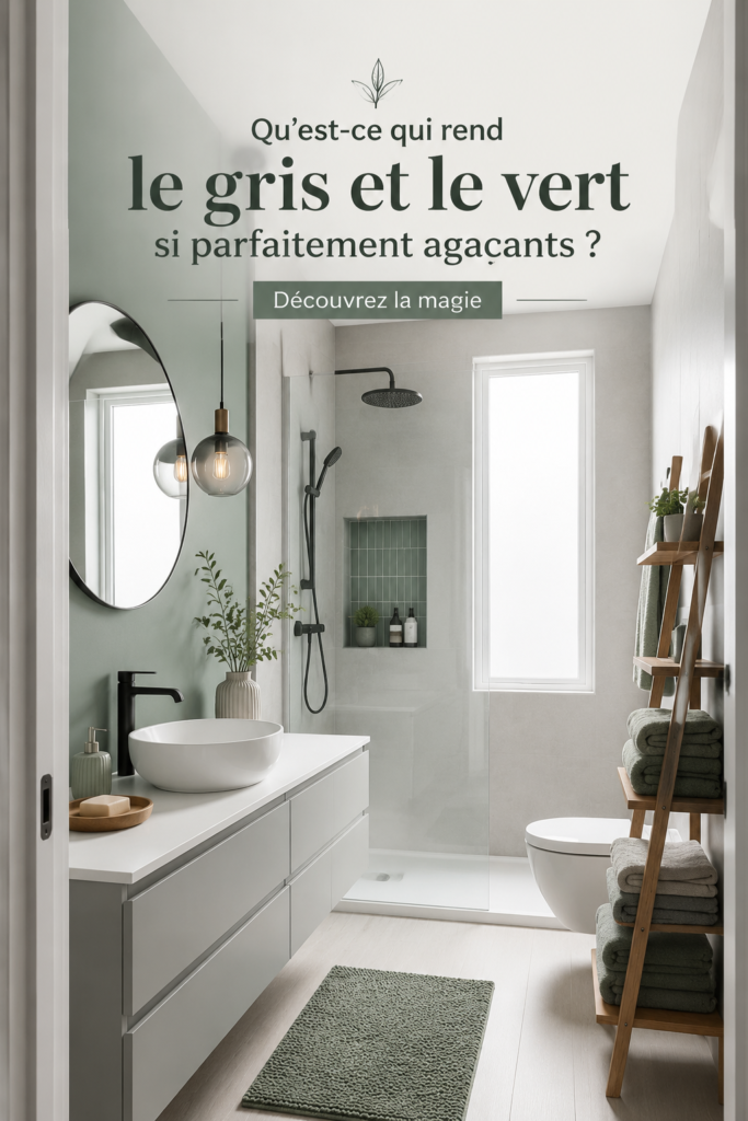 Salle de bain moderne avec combo gris et vert, créant une atmosphère apaisante