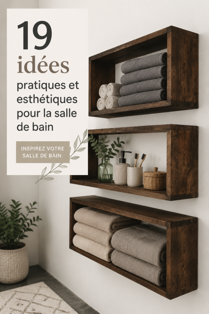 Salle de bain moderne avec rangement esthétique et décoration chaleureuse