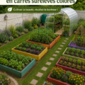 Un jardin coloré avec des pots de fleurs et légumes bien aménagés.