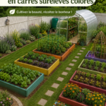 Un jardin coloré avec des pots de fleurs et légumes bien aménagés.