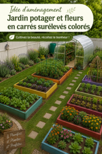 Un jardin coloré avec des pots de fleurs et légumes bien aménagés.