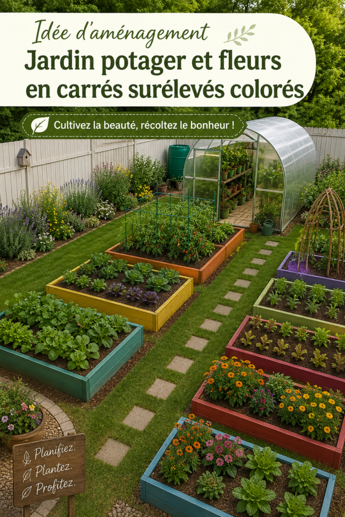 Un jardin coloré avec des pots de fleurs et légumes bien aménagés.