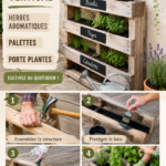 Un jardin vertical luxuriant avec des herbes aromatiques poussant dans des palettes en bois.