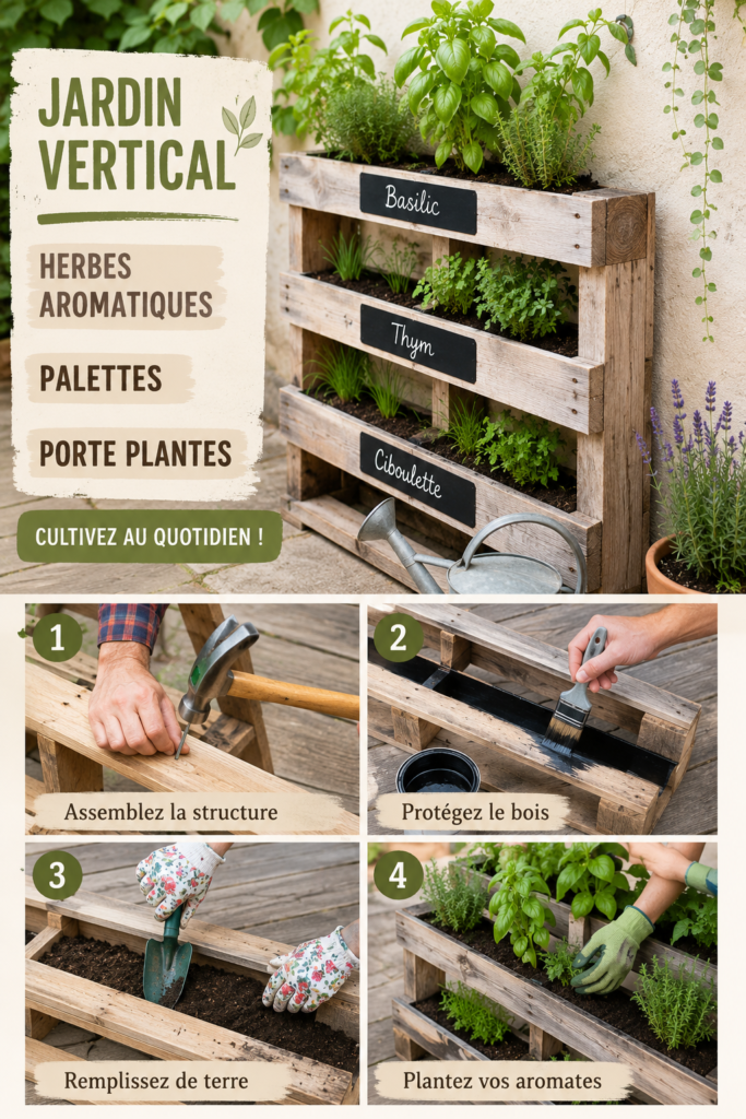 Un jardin vertical luxuriant avec des herbes aromatiques poussant dans des palettes en bois.