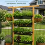 Jardin vertical avec diverses plantes dans un petit espace extérieur