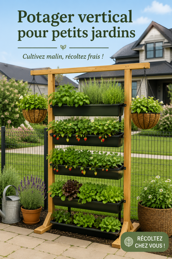 Jardin vertical avec diverses plantes dans un petit espace extérieur