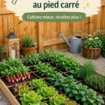 Jardin en carrés luxuriant avec des plantes variées et colorées
