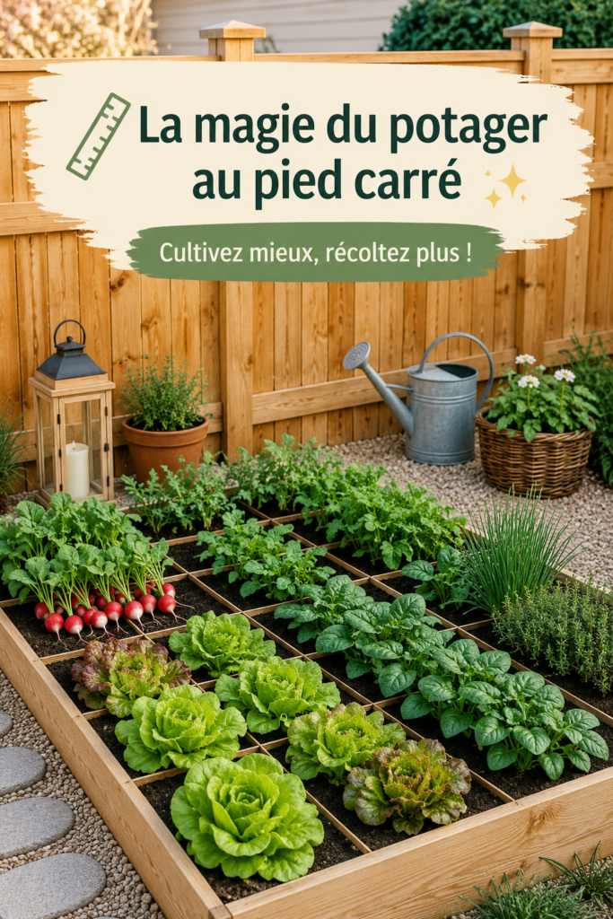 Jardin en carrés luxuriant avec des plantes variées et colorées