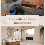 Salle de bains moderne avec carrelage contemporain et accessoires élégants.