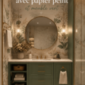 Salle de bains élégante avec papier peint floral et cabinet vert émeraude.