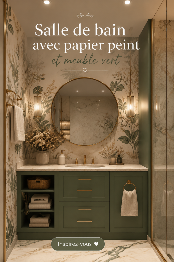 Salle de bains élégante avec papier peint floral et cabinet vert émeraude.