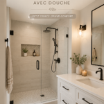 Salle de bain minimaliste moderne avec douche et rangement optimisé