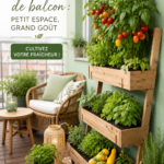 Potager sur balcon avec différents légumes en pots colorés