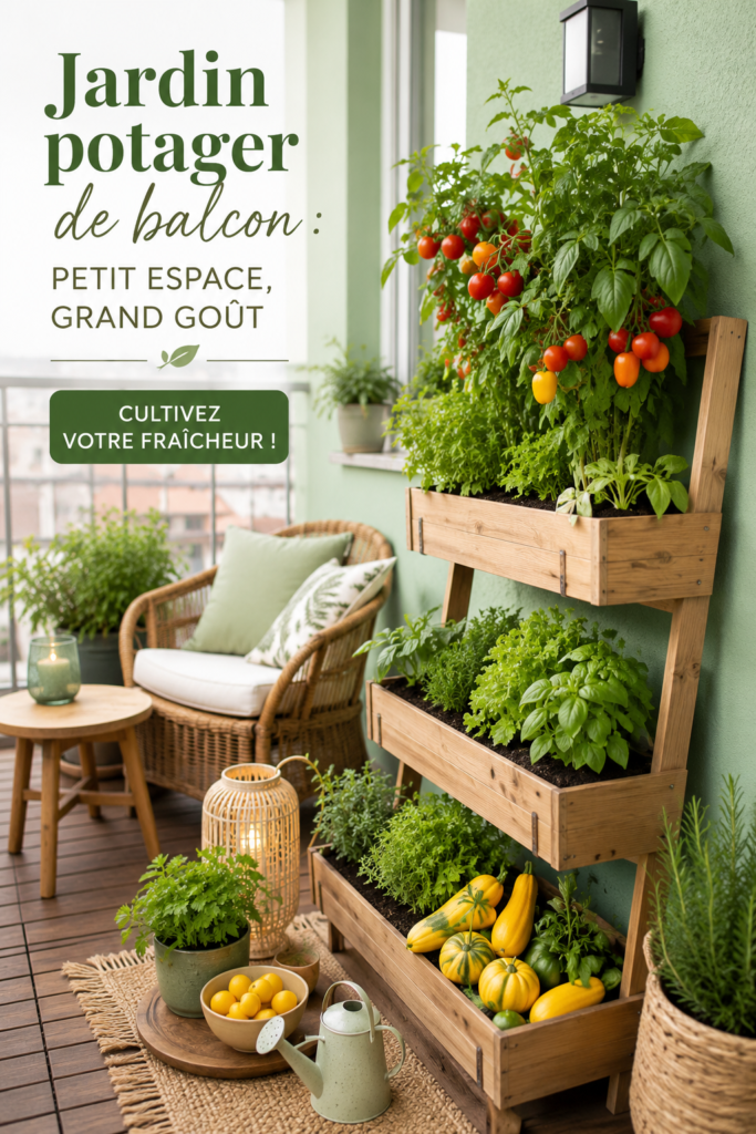 Potager sur balcon avec différents légumes en pots colorés