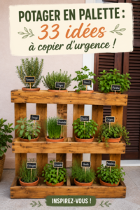 Un potager en palettes colorées rempli de légumes frais et herbes aromatiques.