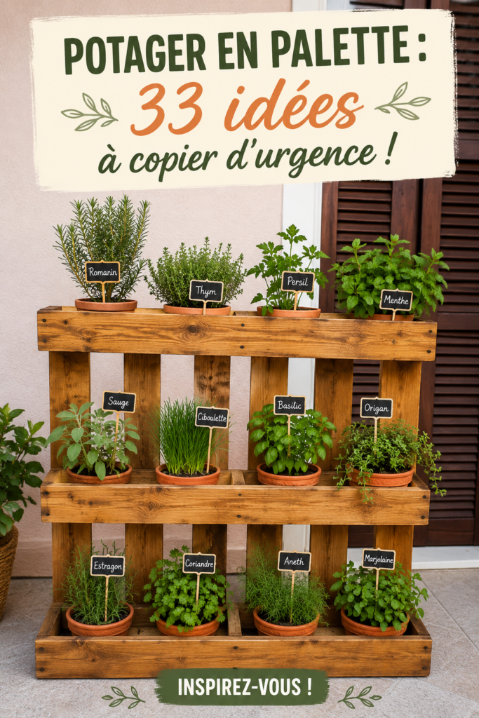 Un potager en palettes colorées rempli de légumes frais et herbes aromatiques.