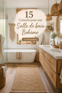 Une salle de bain décorée dans un style boho avec des plantes et des éléments naturels