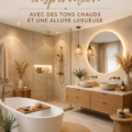 Salle de bain élégante avec des teintes chaudes et une décoration luxueuse