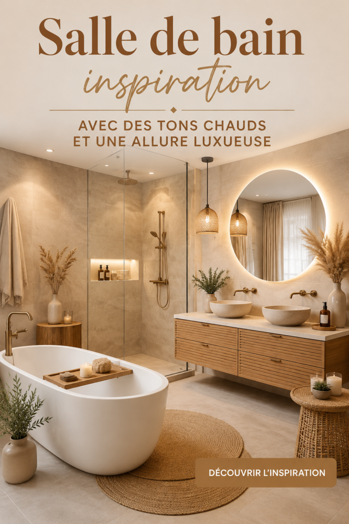 Salle de bain élégante avec des teintes chaudes et une décoration luxueuse