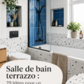 Salle de bain moderne avec revêtements en terrazzo, décor chic et élégant.