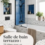 Salle de bain moderne avec revêtements en terrazzo, décor chic et élégant.