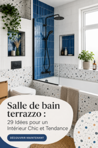 Salle de bain moderne avec revêtements en terrazzo, décor chic et élégant.