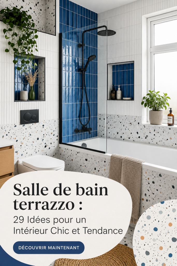 Salle de bain moderne avec revêtements en terrazzo, décor chic et élégant.