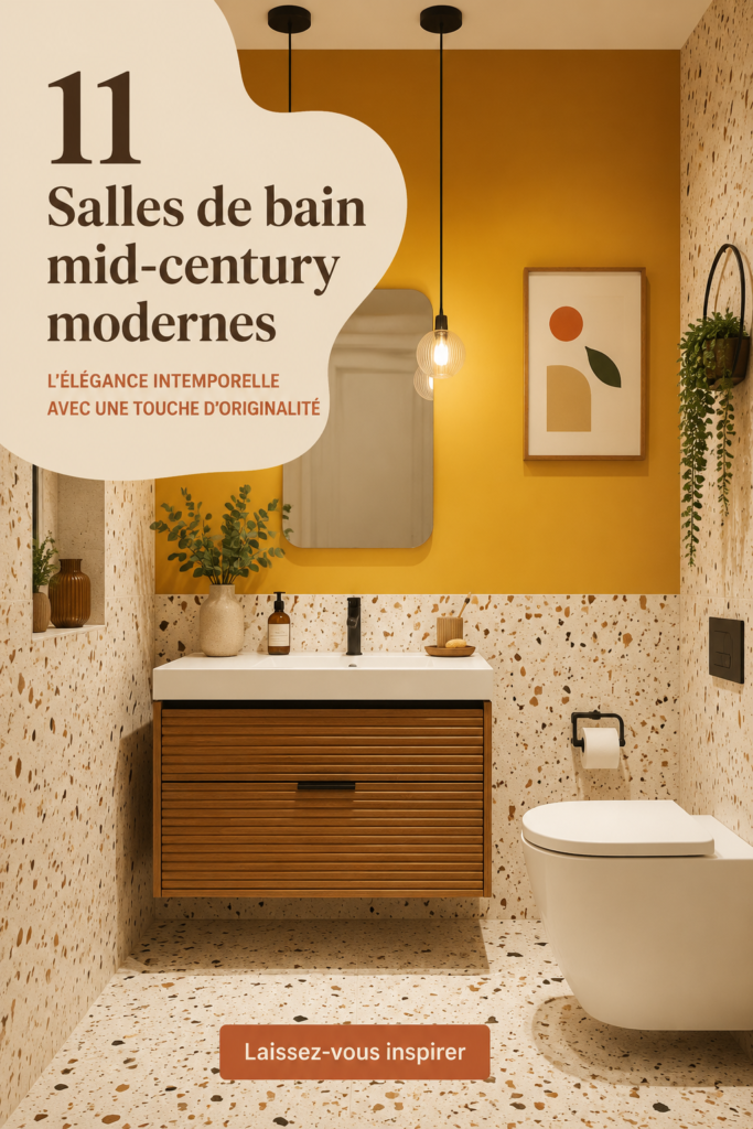 Salle de bains mid-century moderne avec carrelage coloré et meubles en bois clair.