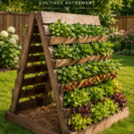 Tour de culture verticale en palettes dans un jardin home-made.