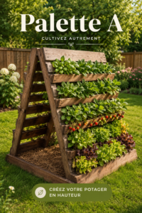 Tour de culture verticale en palettes dans un jardin home-made.