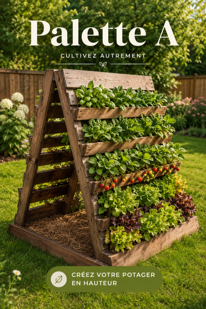 Tour de culture verticale en palettes dans un jardin home-made.
