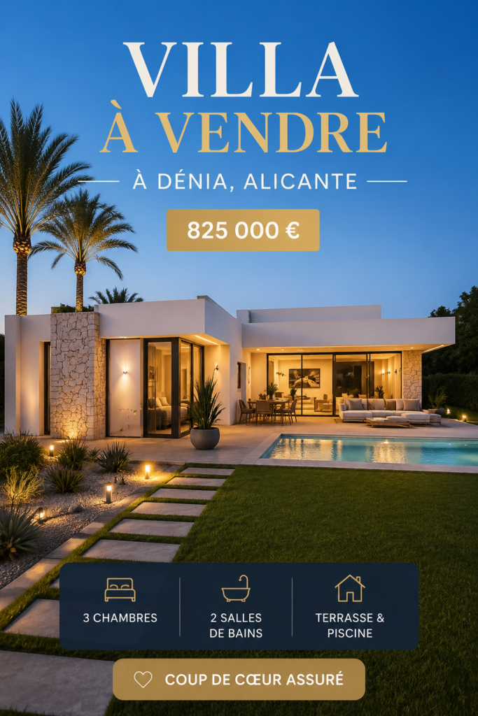 Vue ensoleillée d'une villa à Denia, Alicante, entourée de verdure.