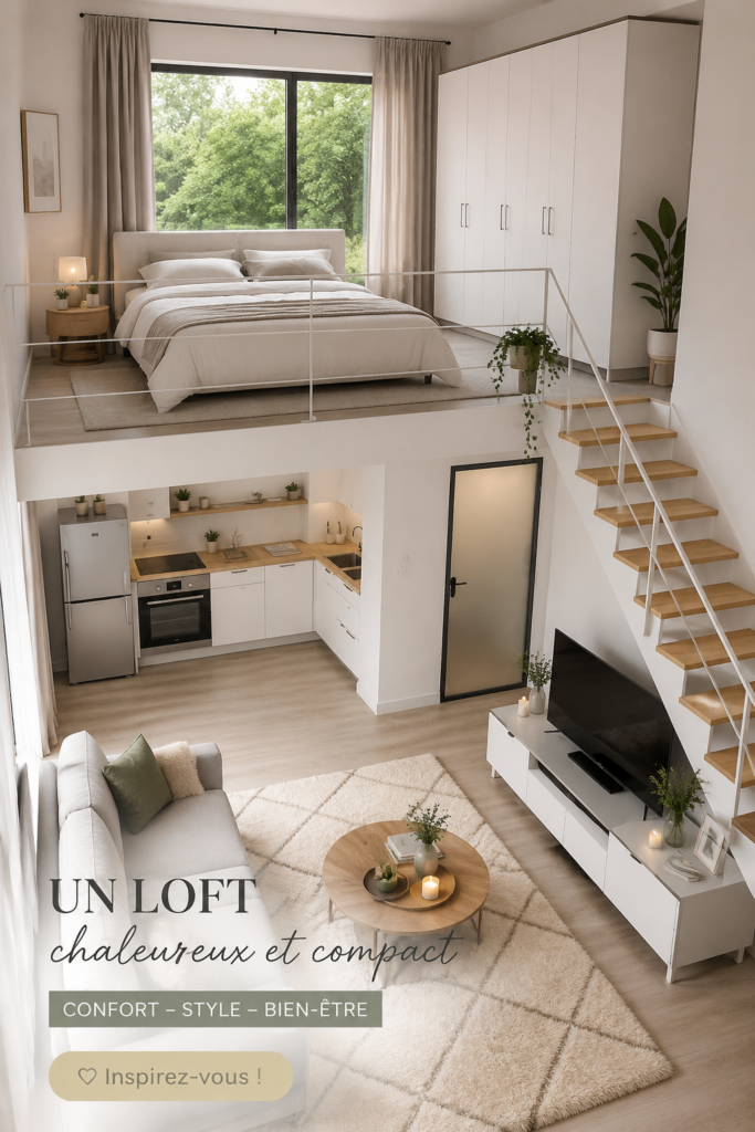 Chambre loft cosy avec des tons neutres et un éclairage chaleureux