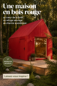 Chalet rouge en bois entouré de verdure, style scandinave