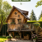 Une cabane en bois construite dans un jardin verdoyant