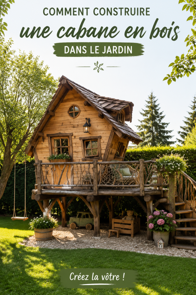 Une cabane en bois construite dans un jardin verdoyant