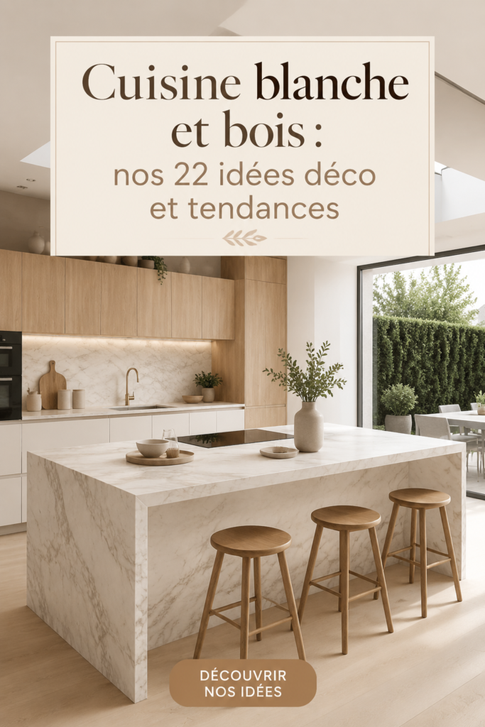 Cuisine moderne aux nuances de blanc et bois, créant une atmosphère chaleureuse.