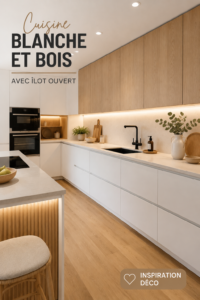 Cuisine moderne en blanc et bois avec îlot central.