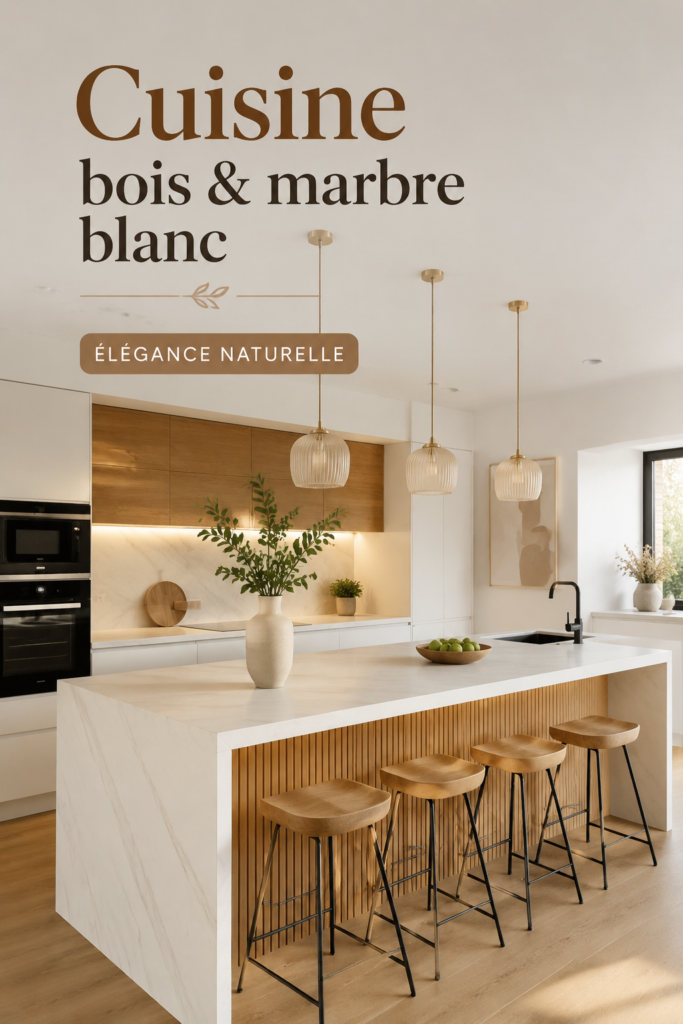 Cuisine élégante alliant bois chaleureux et marbre blanc
