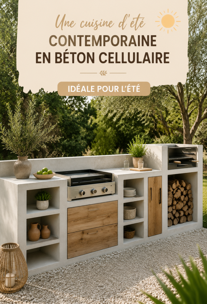 Cuisine d'été moderne en béton cellulaire avec mobilier élégant